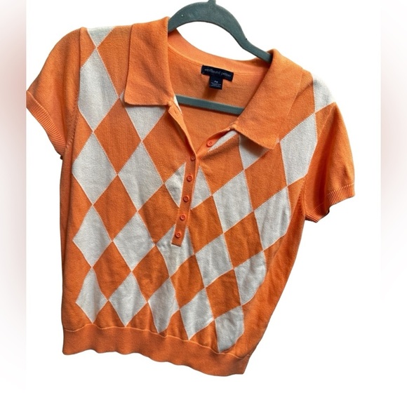 Y2K 1990’s VINTAGE WESTBOUND PETITES Cotton Argyle Women’s MED Top Orange White - Picture 4 of 13